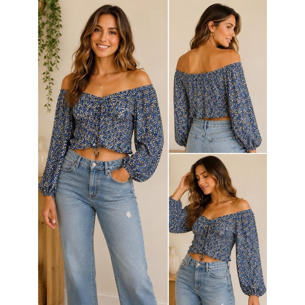 Express Blue Floral Off Shoulder Peasant Crop Top Long Sleeve Women's Medium